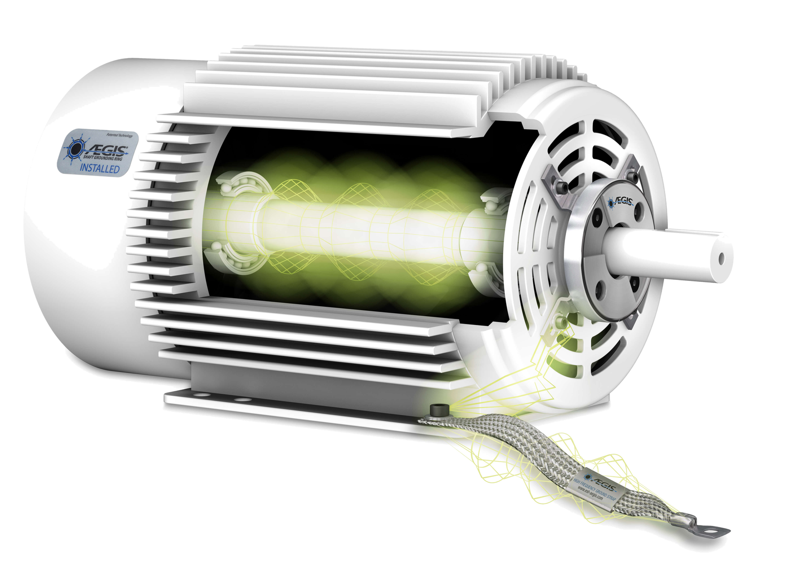 AEGIS Wellenerdungsring an einem Elektromotor – freigestellt auf dunklem Hintergrund